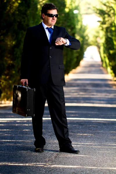 Uomo d'affari con valigia su strada — Foto Stock