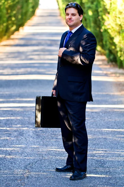 ビジネスの男性と、道路上のスーツケース — ストック写真
