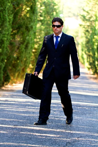 Üzleti ember egy úton bőrönddel — Stock Fotó