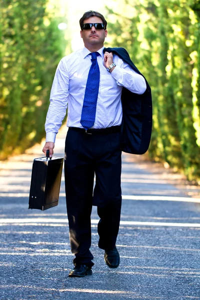 Business man with suitcase on a road — Stock Photo, Image