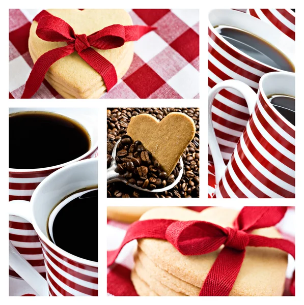 コーヒーのコラージュおよび中心の形をしたクッキー — ストック写真