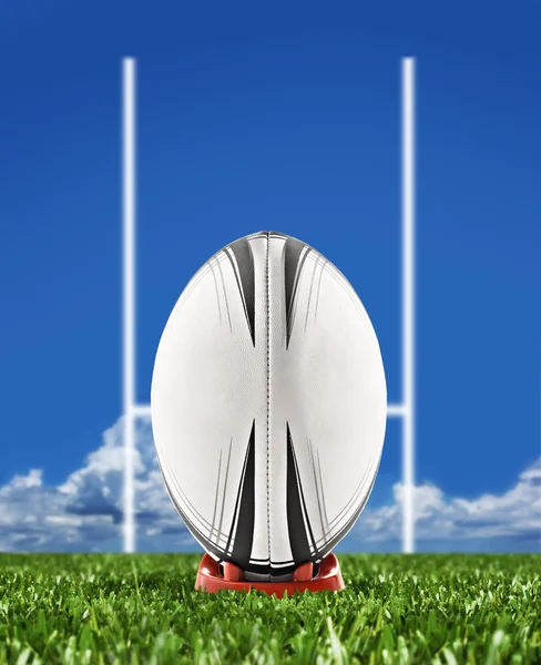 stock image Rugby ball on field with goal posts