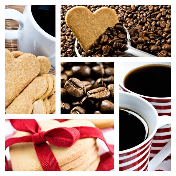コーヒーのコラージュおよび中心の形をしたクッキー — ストック写真