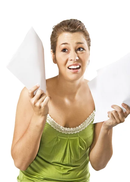 stock image Beautiful young woman being discouraged by a overload of work - on a white background with space for text