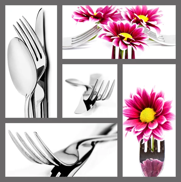 Collage of cutlery in different positions on white — Stock Photo, Image