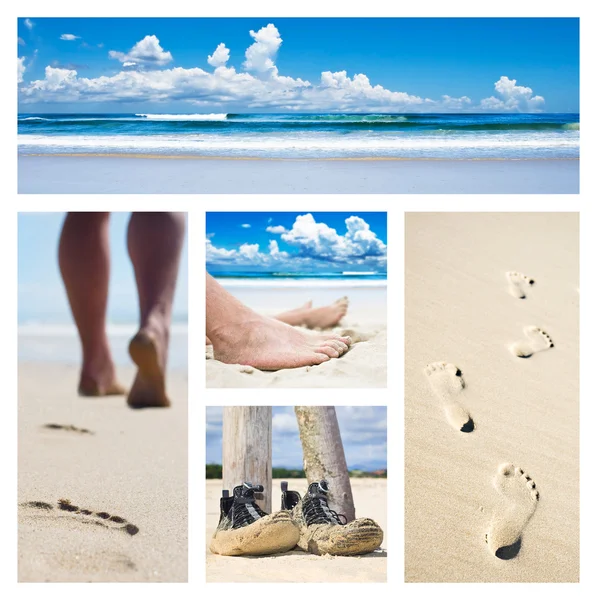 Collage aus Füßen, Fußabdrücken und Schuhen am Strand — Stockfoto