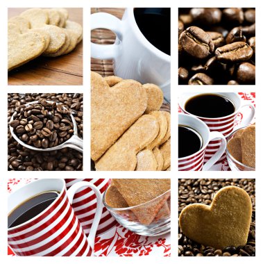 Collage of coffee and heart shaped biscuites clipart