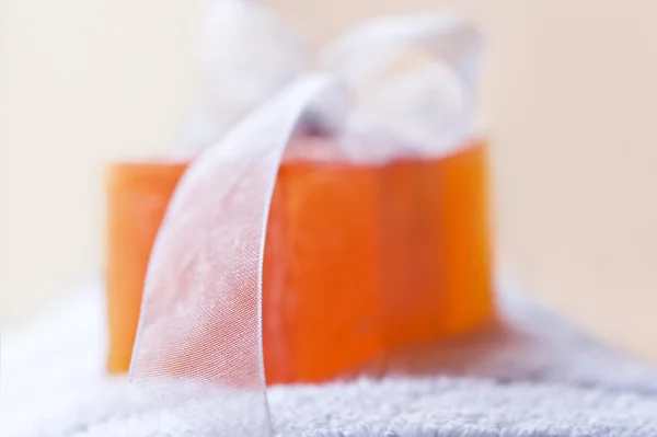 Handmade soap and towel in a spa — Stock Photo, Image
