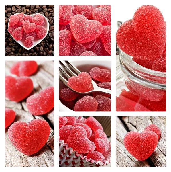 Colagem de doces de geleia em forma de coração vermelho — Fotografia de Stock
