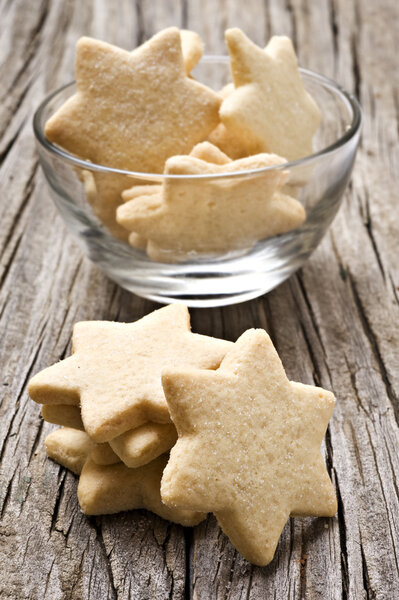 Sugar coated shortbread cookies in star shapes