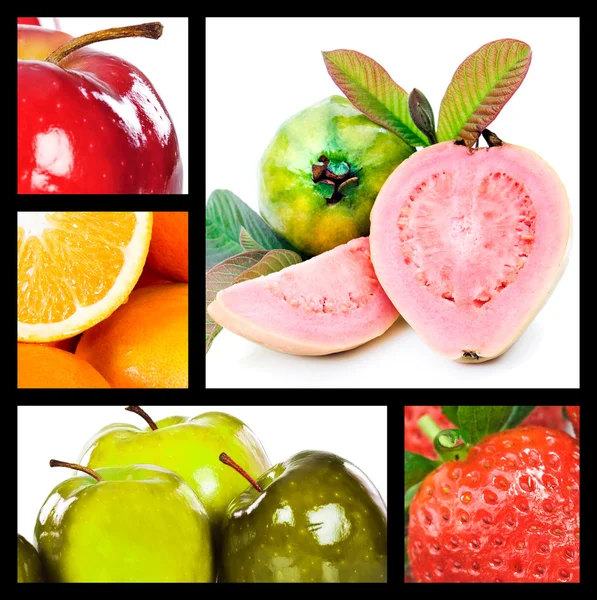 Collage with apples oranges quavas and strawberry — Stock Photo, Image