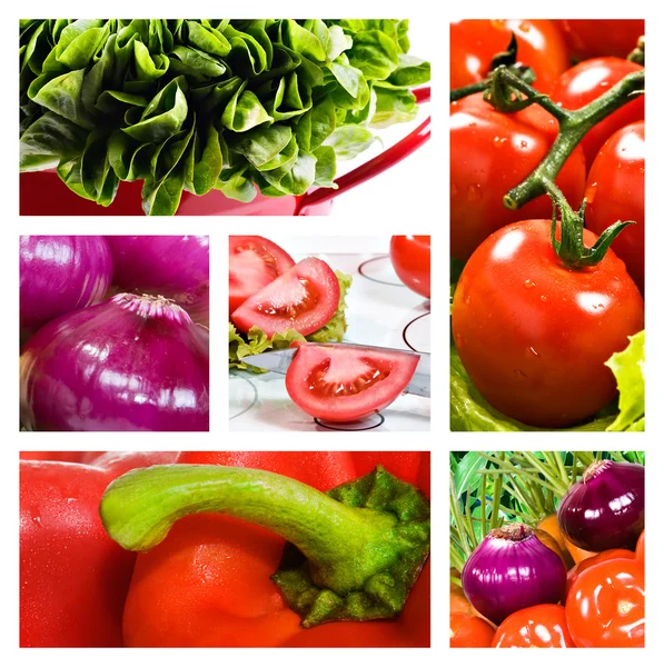 Колаж салату з томатним цибулею салат і червоний солодкий перець — стокове фото