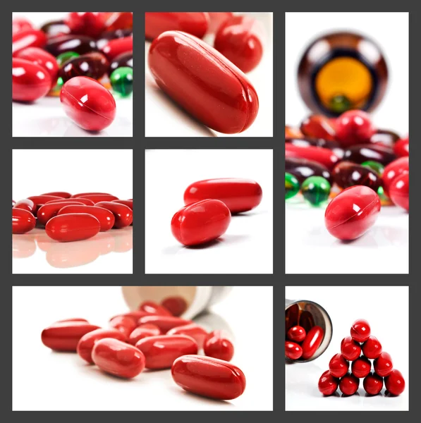 Collage di pillole rosse su sfondo bianco — Foto Stock
