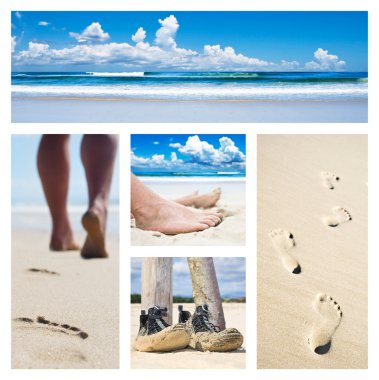 Collage of feet, footprints and shoes on the beach clipart