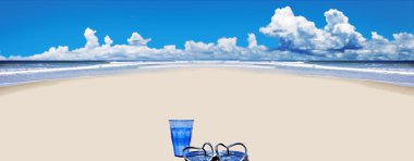 Tropical beach with beach shoes and blue glass of water clipart