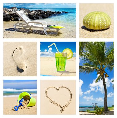 Collage of different summer beach holiday scenes clipart