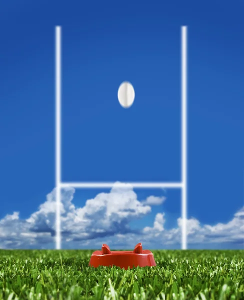 Rugby ball kicked to the posts showing movement — Stock Photo, Image