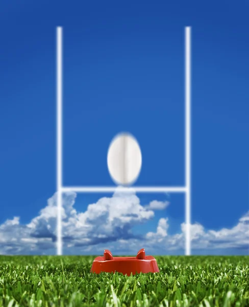 Rugby ball kicked to the posts showing movement — Stock Photo, Image
