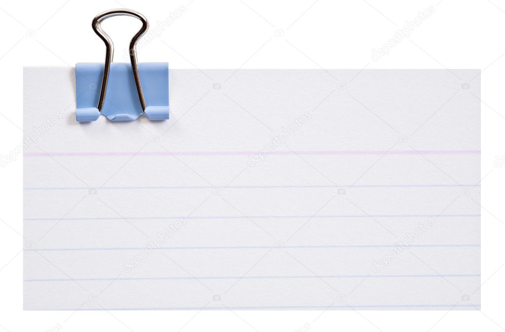 Blank white card with blue clip on white