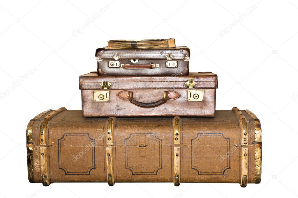 Three old leather suitcases isolated on white