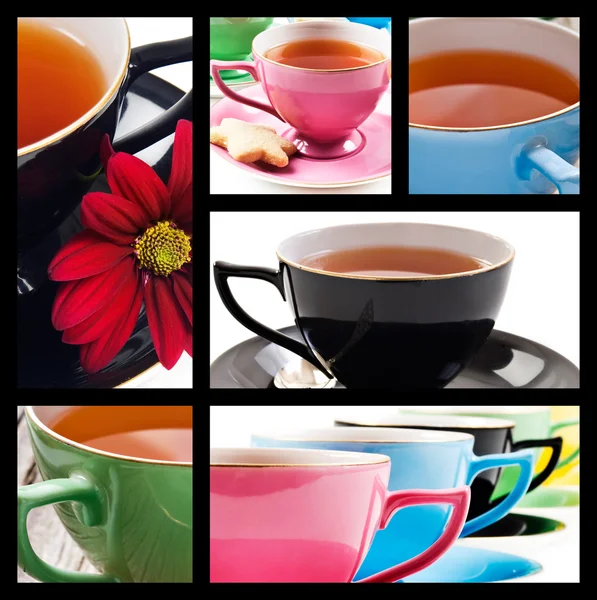 Colagem de xícaras de chá em cores diferentes no fundo branco — Fotografia de Stock