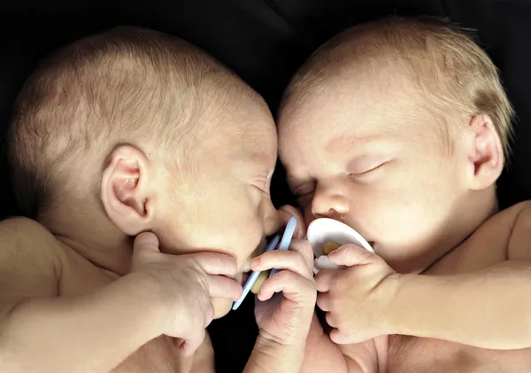 Новорожденные близнецы с манекенами — стоковое фото