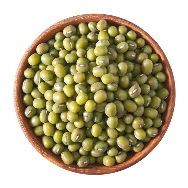 Wooden bowl full of green mung beans isolated on white — Stock Photo, Image