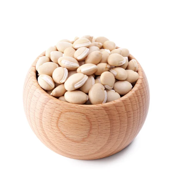Wooden bowl full of val beans isolated on white — Stock Photo, Image