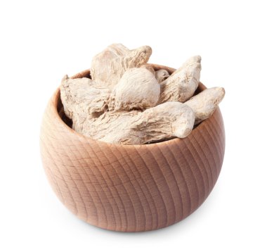 Wooden bowl full of dry ginger isolated on white clipart