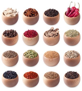 Set of wooden bowls full of different spices clipart