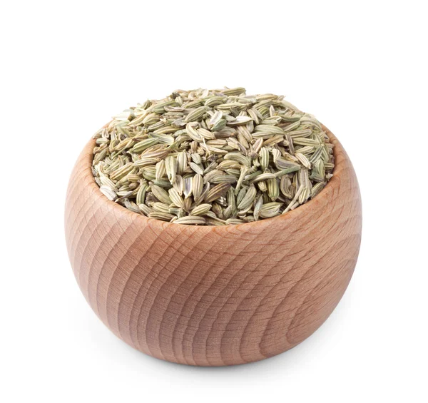 Drewniana miska z nasion kopru na białym tle — Zdjęcie stockowe