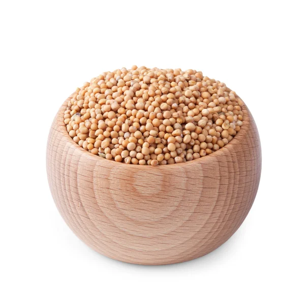 Ciotola di legno pieno di semi di senape isolati su bianco — Foto Stock