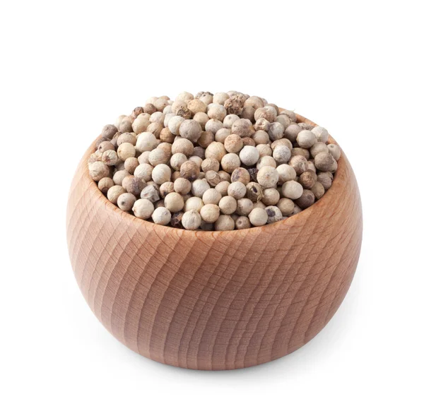Wooden bowl full of white pepper isolated on white — Stock Photo, Image