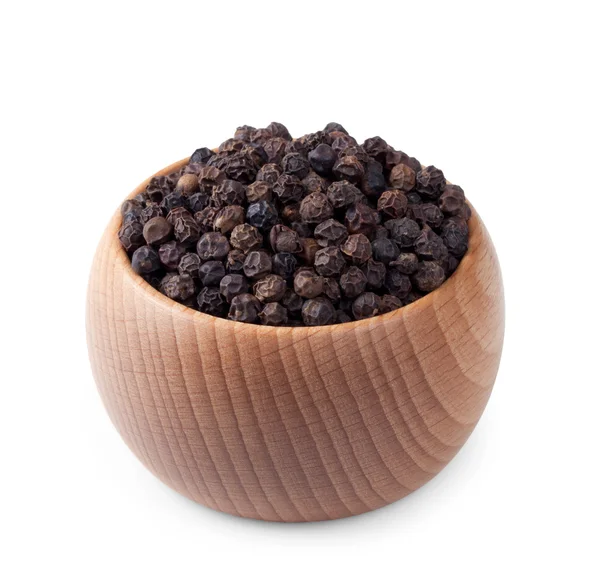 Wooden bowl full of black pepper isolated on white — Stock Photo, Image