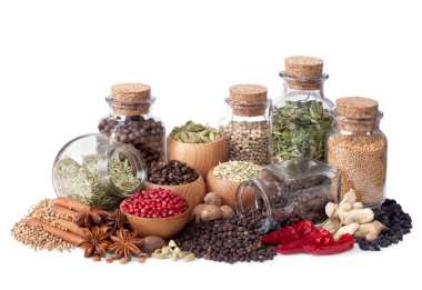 Still life of different spices and herbs clipart