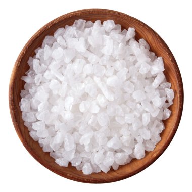 Wooden bowl full of sea salt over white clipart