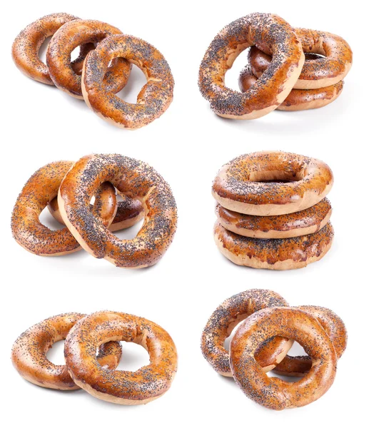 Set of six photos with bagels isolated on white — Stock Photo, Image