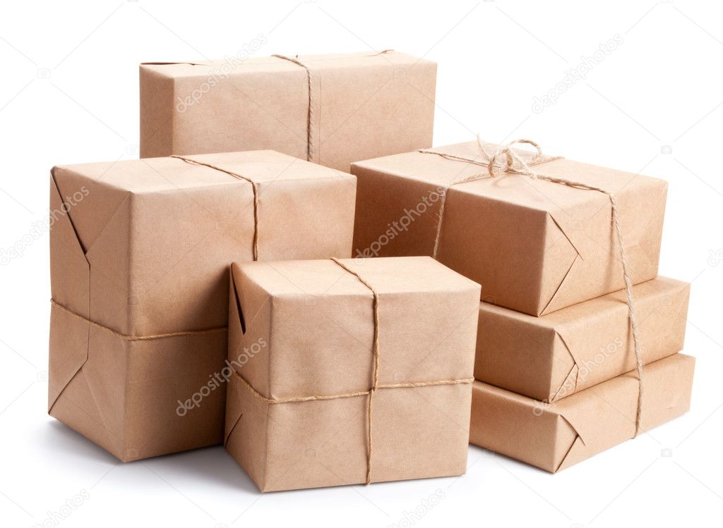 Group of parcel wrapped with brown packing paper