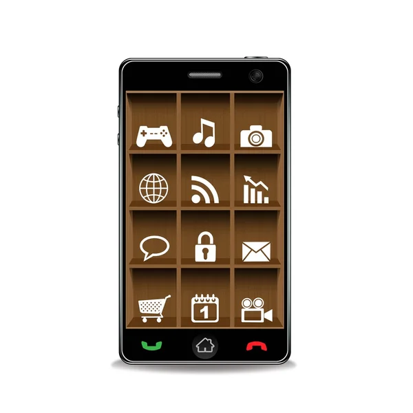 Smart phone vettoriale con ripiano in legno — Vettoriale Stock