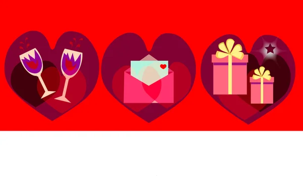 Roter Hintergrund mit Valentinssymbolen Stockbild