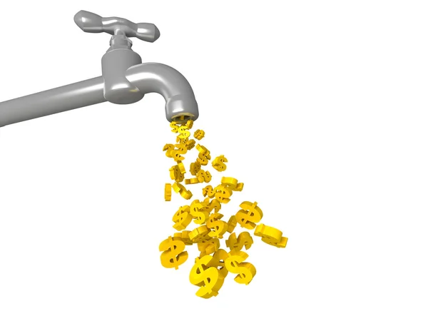 水道の蛇口から落ちる黄金のコインのイラスト — ストック写真