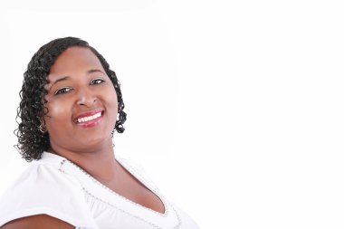 Close up of plus size black model smiling, copyspace on white clipart