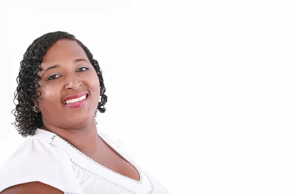 Close up of plus size black model smiling, copyspace on white — Stock Photo, Image