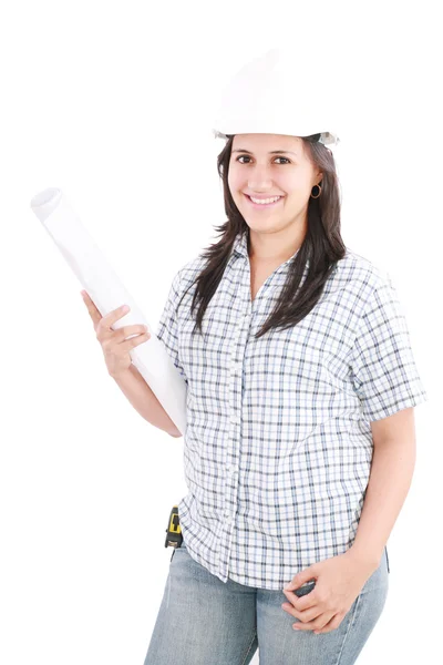 Architect wearing a helmet and smiling, isolated on white — Stock Photo, Image