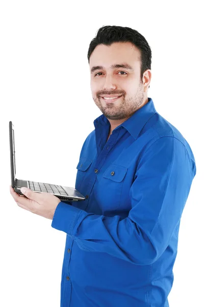 Молодий чоловік з ноутбуком, ізольований на білому — стокове фото
