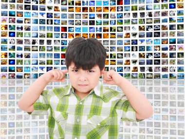 Kid protecting ears from loud noise of so many screens talking clipart