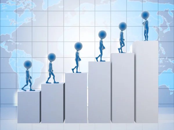 3D business men climbing a graph with one confident business man — Stock Photo, Image