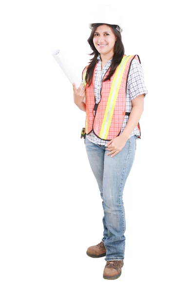 Jonge architect vrouw dragen van een beschermende helm, permanent. ISO — Stockfoto