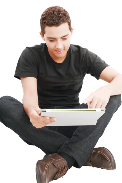 Молодий чоловік використовує сенсорну панель ПК, ізольований на білому — стокове фото