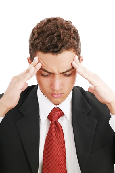 Vonzó fiatal férfi szenved fejfájás. mind a fehér, főleg CIG — Stock Fotó